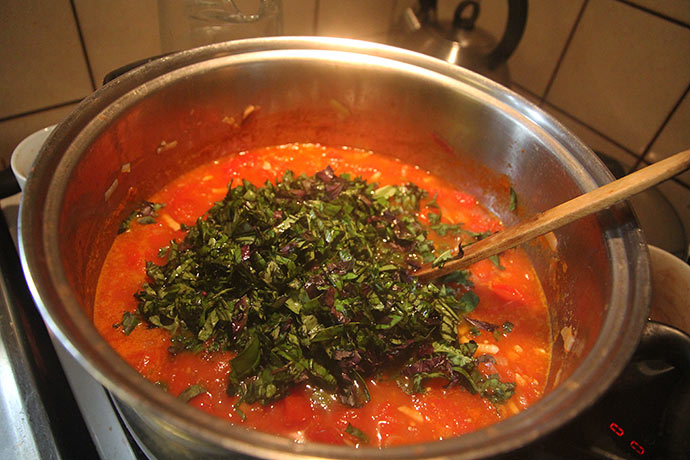 Den store suppegryde med tomatsauce - der kommer masser af basilikum i.