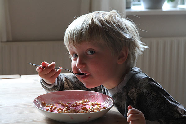 I juli kommer hindbærrene. Vores yngste barnebarn Sigismund lavede dog sin egen udgave med mosede hindbær i sin yoghurt.